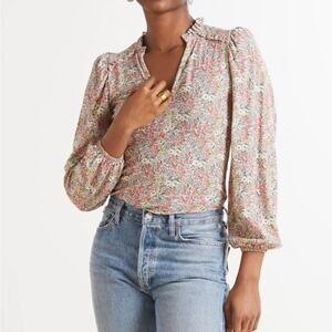 Nation LTD Evereve Claudine Yoked Tee Peasant Cottage Floral Puff Sleeve Top M